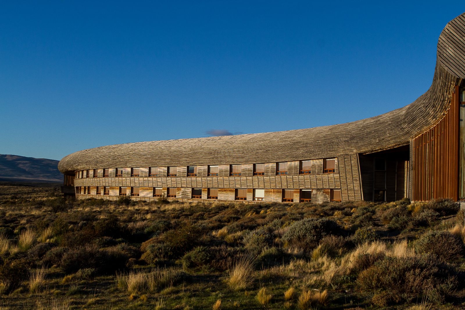 Exterior view of Tierra Patagonia hotel in Chile