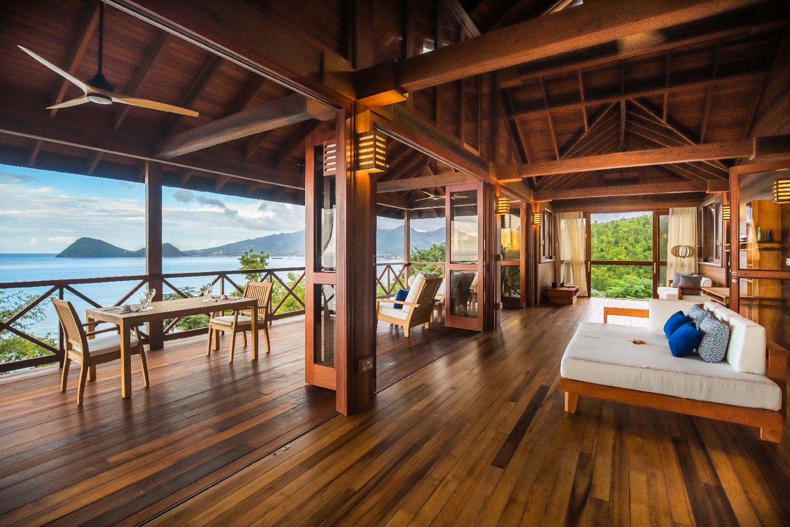 Interiors and sea view of Zabuco villa at Secret Bay in Dominica