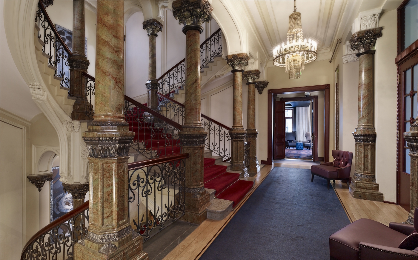 Staircase view of Hotel Kamp in Helsinki Finland