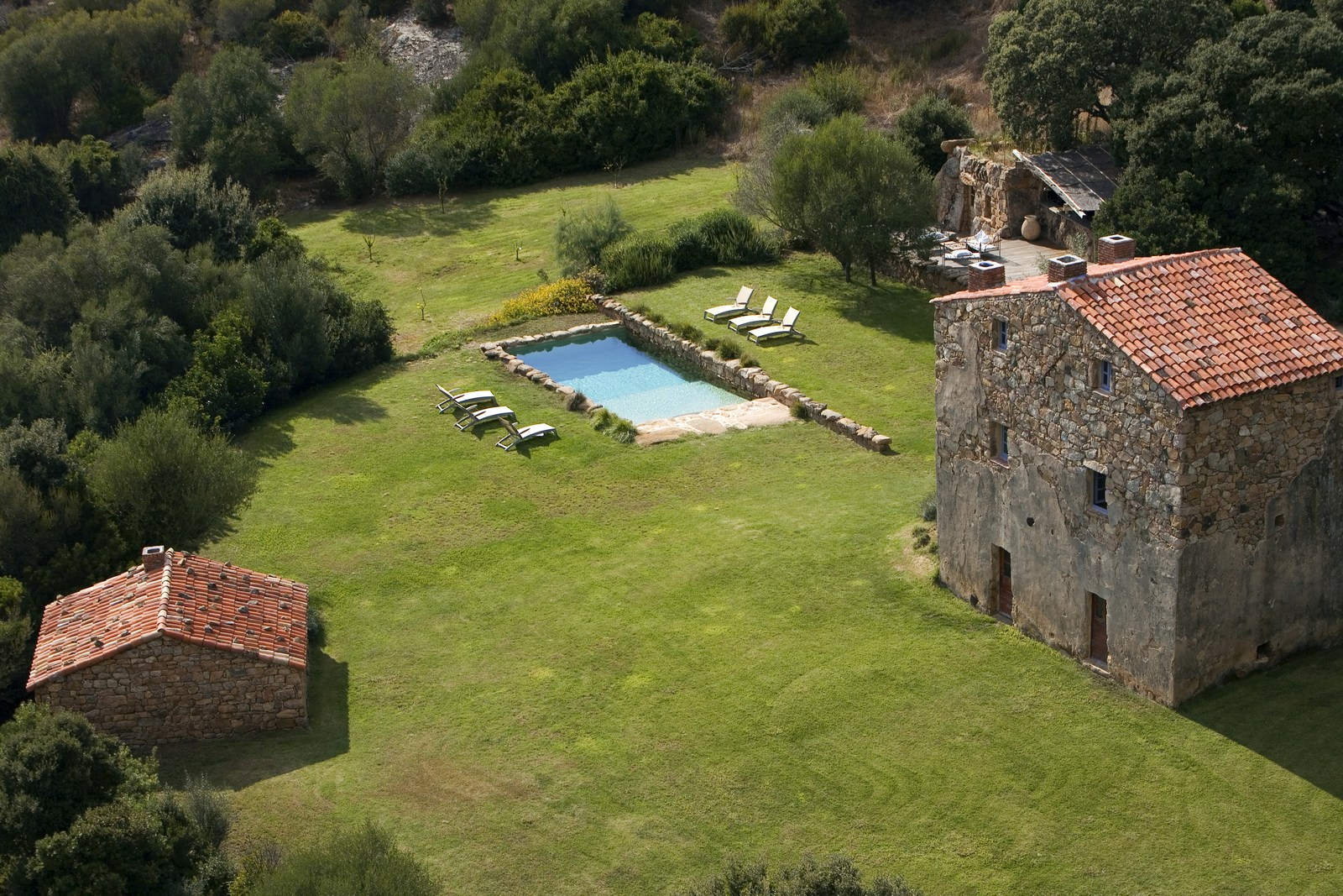 Aerial of exterior and swimming pool of A Figa, Corsica