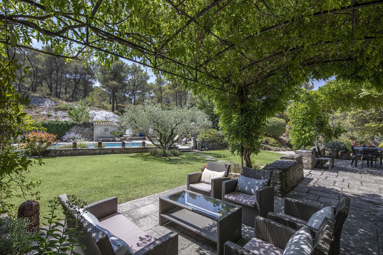 Outdoor lounge area with vines, sofas, armchairs, coffee table and view of pool and garden at Mas Cecile in Provence, France