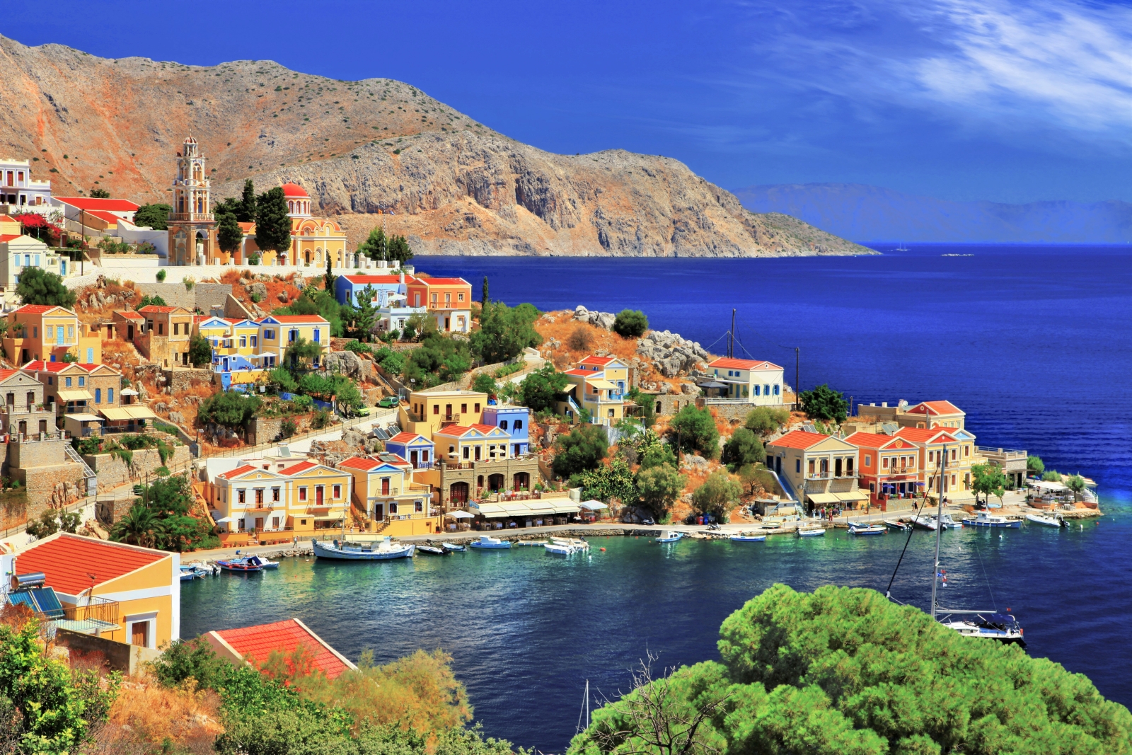 View of Symi Island with a cove and orange and yellow houses