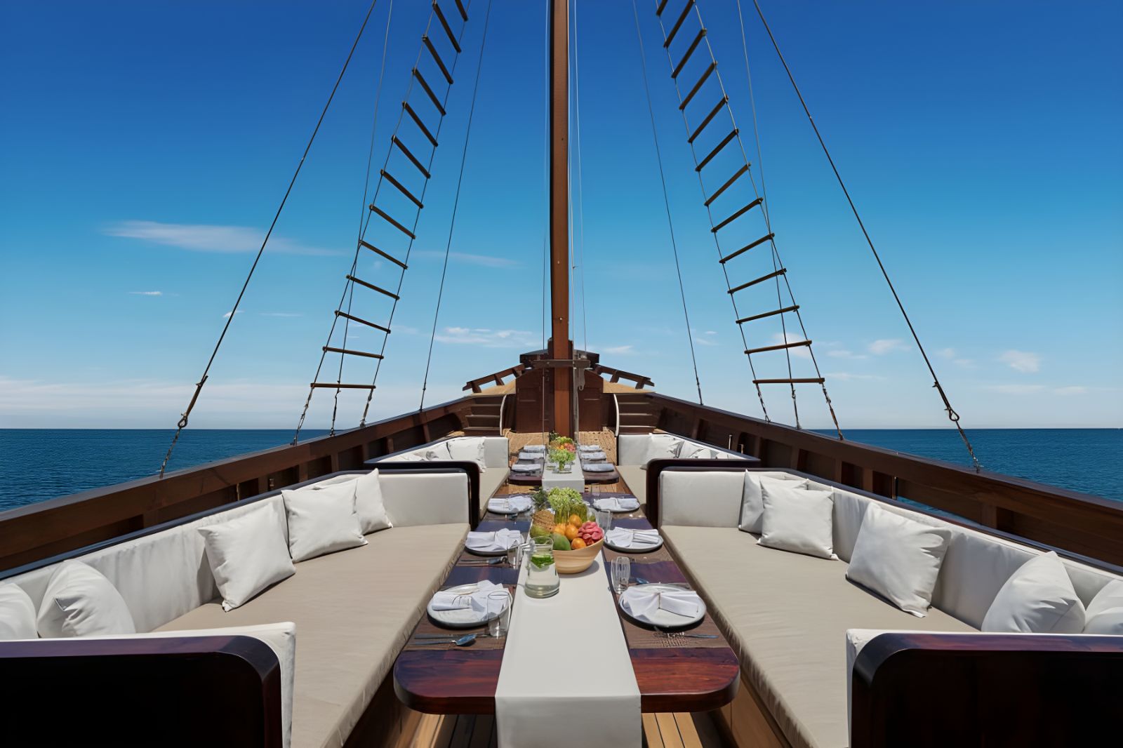 Outdoor dining and deck area onboard the Samsara Samudra phinisi in Indonesia