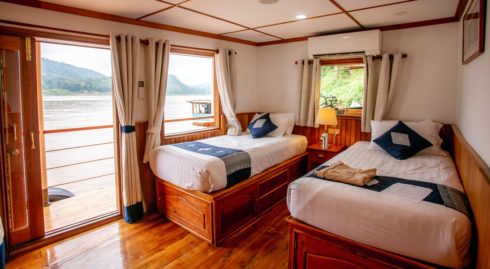 Double cabin onboard the RV Laos Pandaw on the Mekong River in Laos
