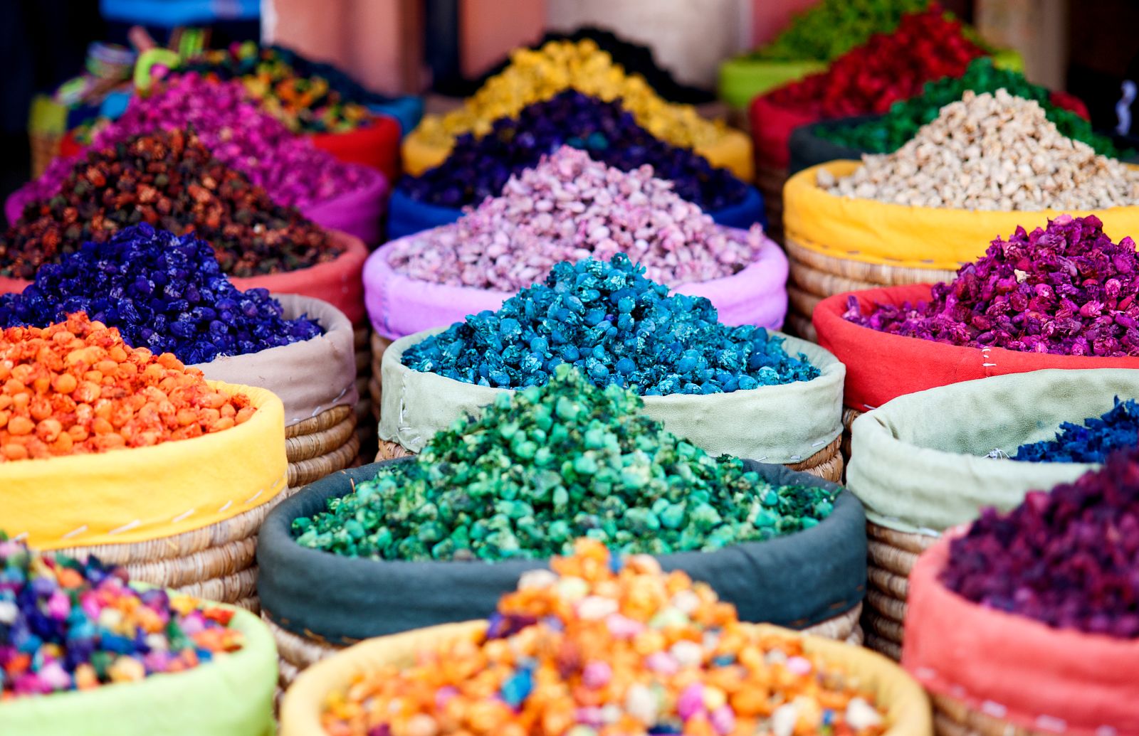 Colourful herbs and petals in a Marrakech market