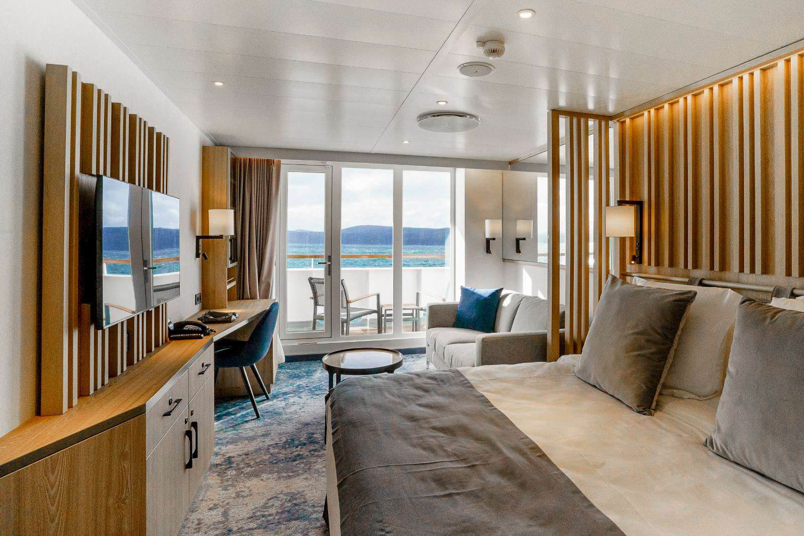 Balcony suite onboard Quark Expeditions' Ultramarine cruise ship in the Arctic