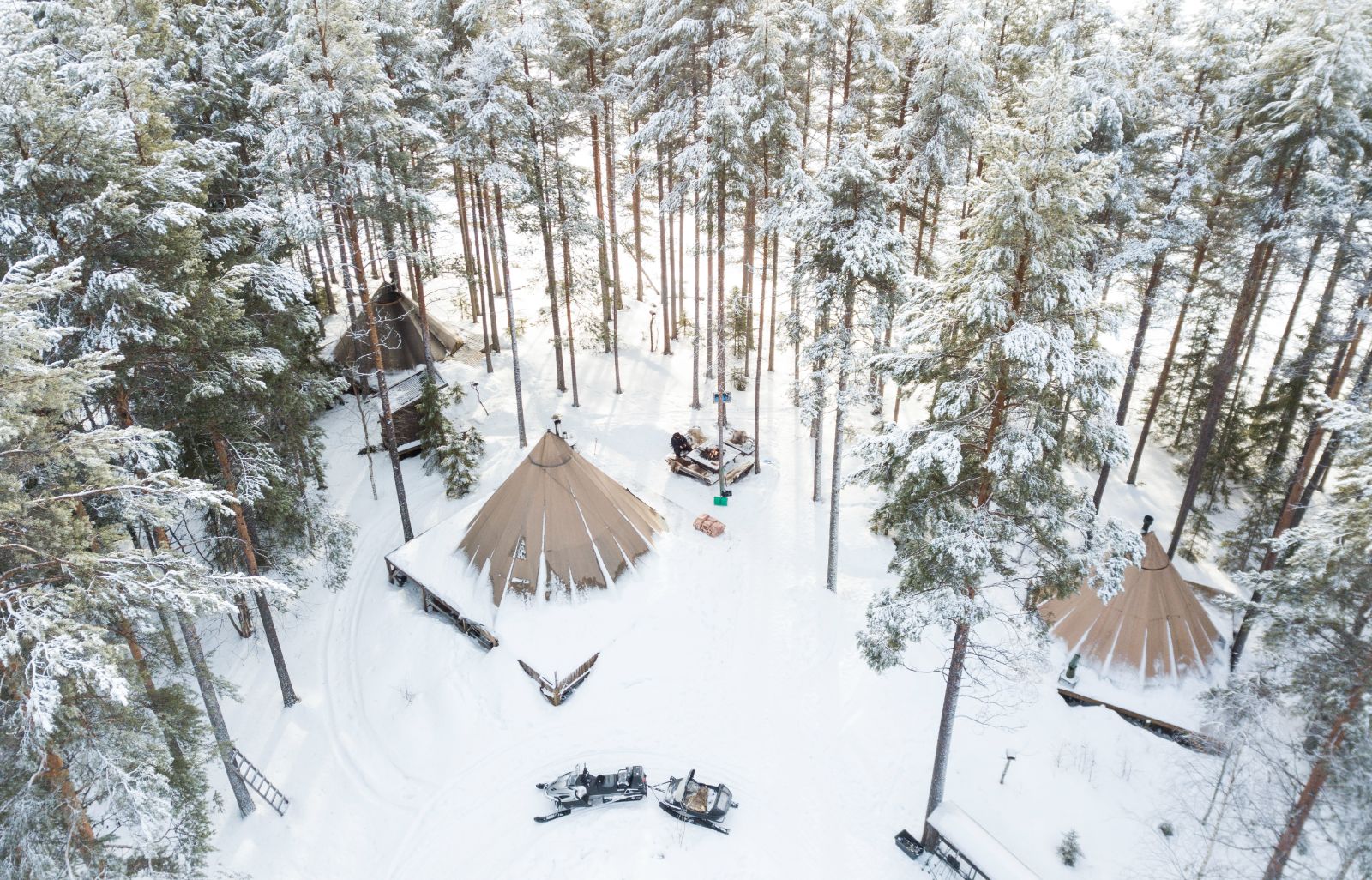 Aerial view of the deluxe rooms at Aurora Safari Camp in Sweden