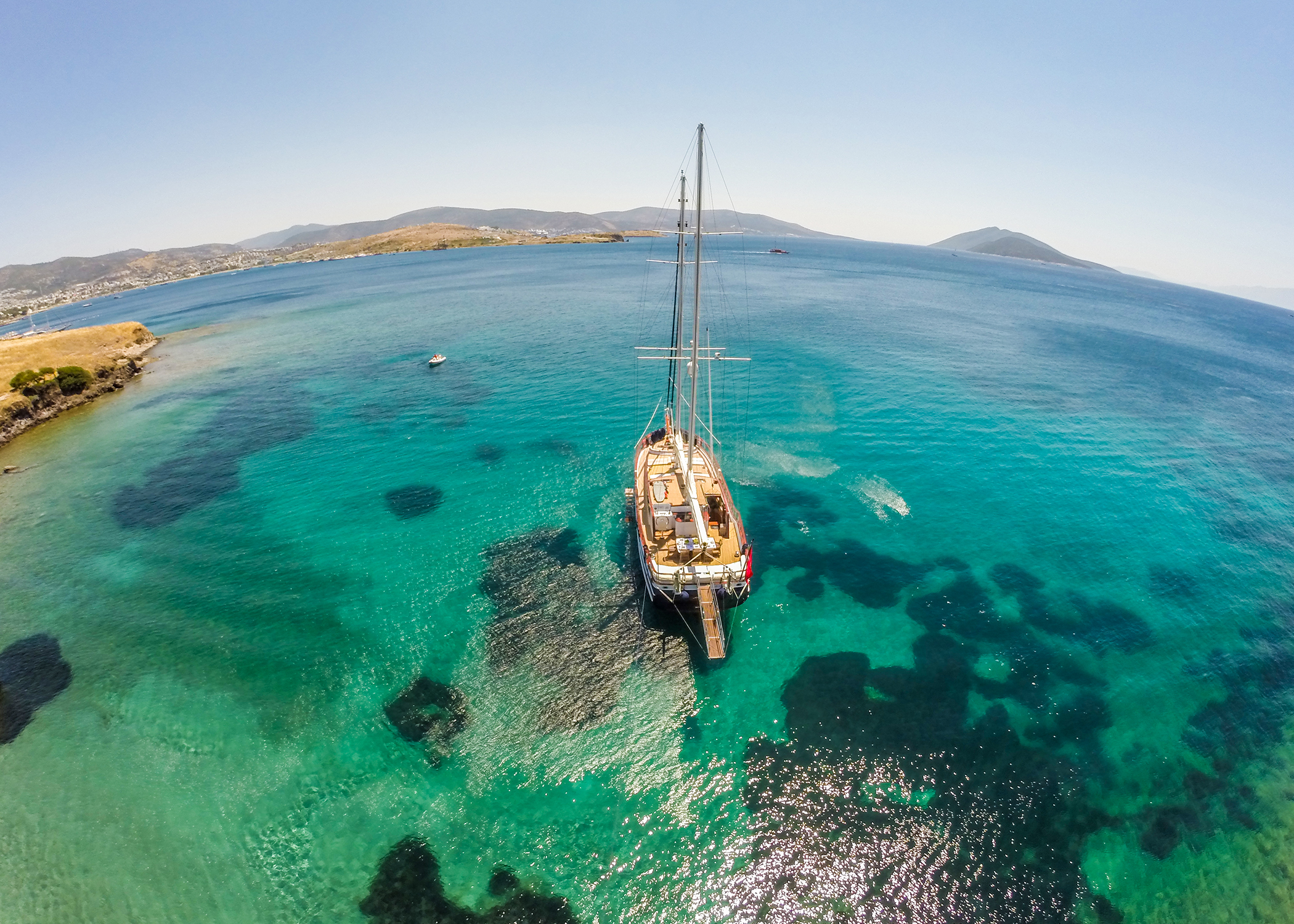 Aerial view of the Artemis gulet in clear Turkish waters