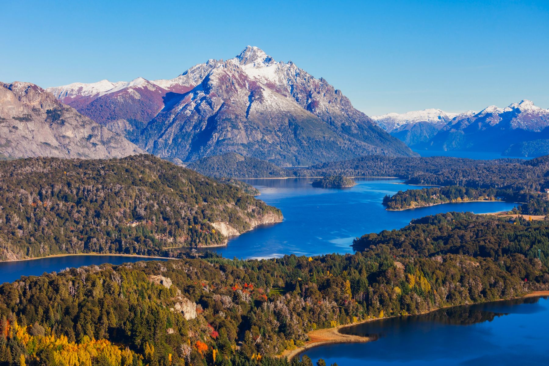 Aerial view of the lakes and mountains surrounding Bariloche in Argentina