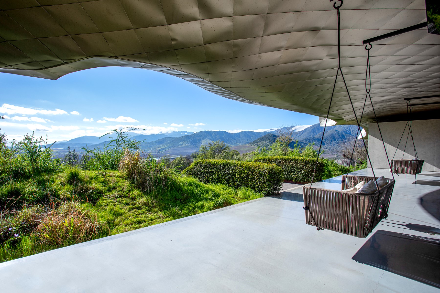 Terrace overlooking the valley at Hotel Vik in Chile