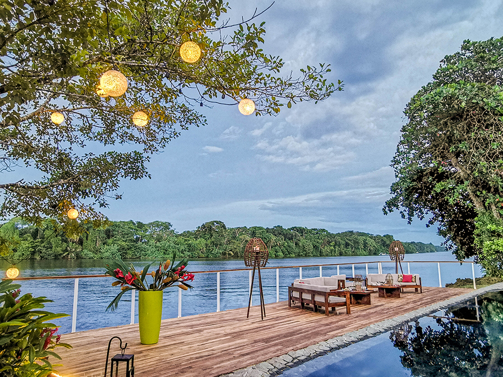 Riverview terrace at Tortuga Lodge on the edge of Tortuguero National Park Costa Rica