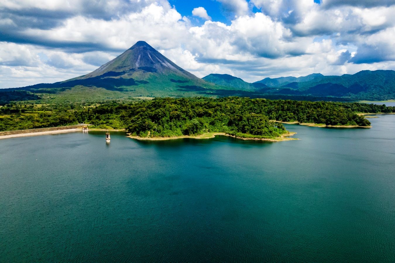An aerial view of Lake Arenal in Arenal Volcano National Park