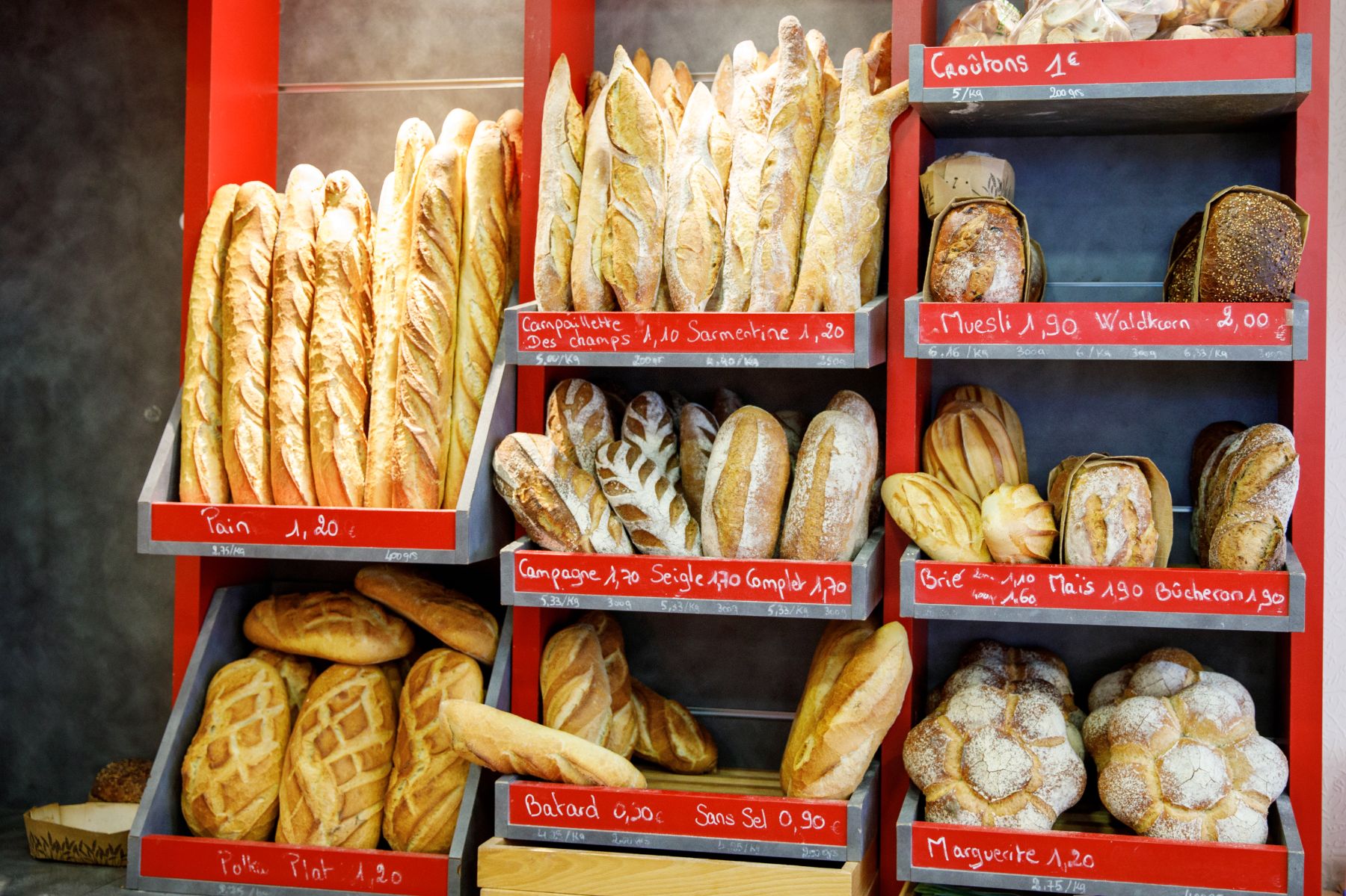 Fresh baguettes and loaves on display at a French bakery