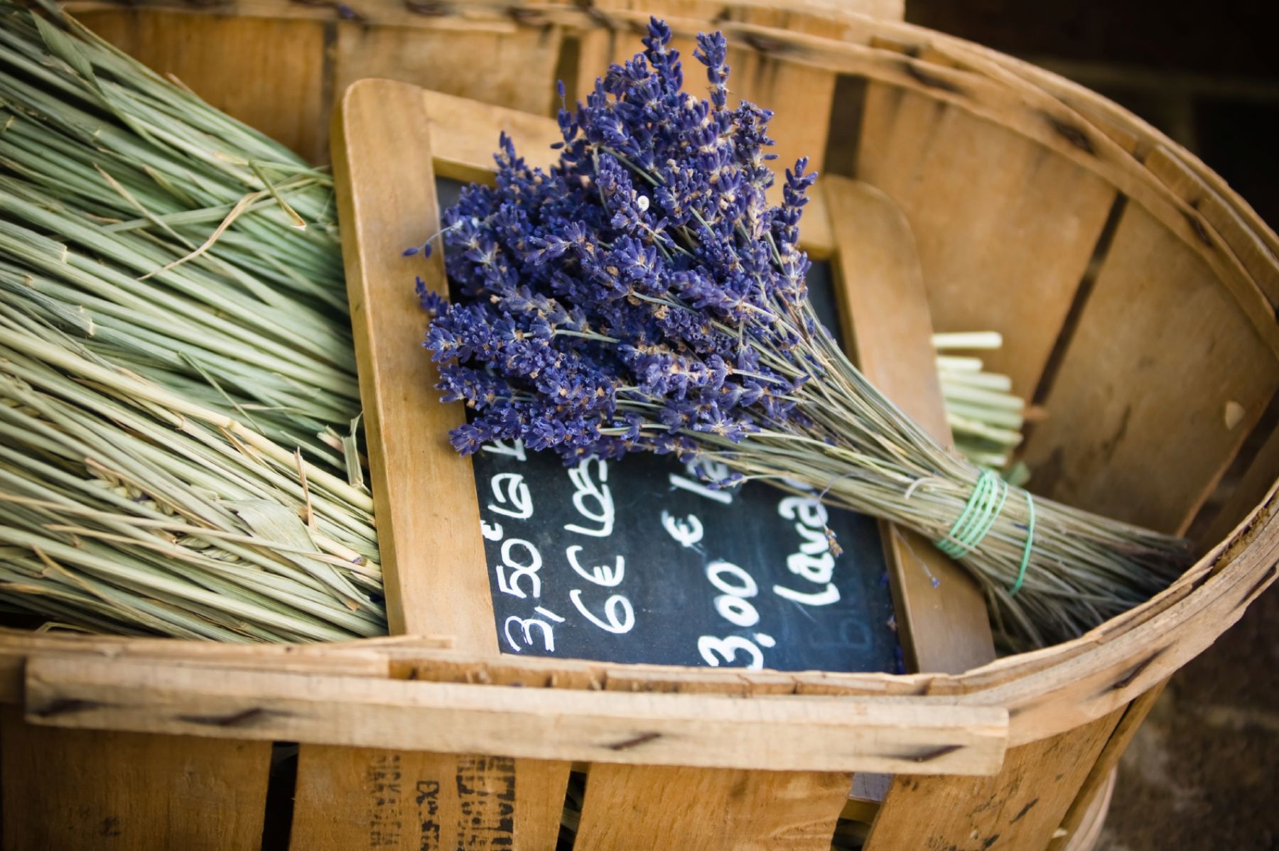 Bunches of dried lavender in a basket in Provence