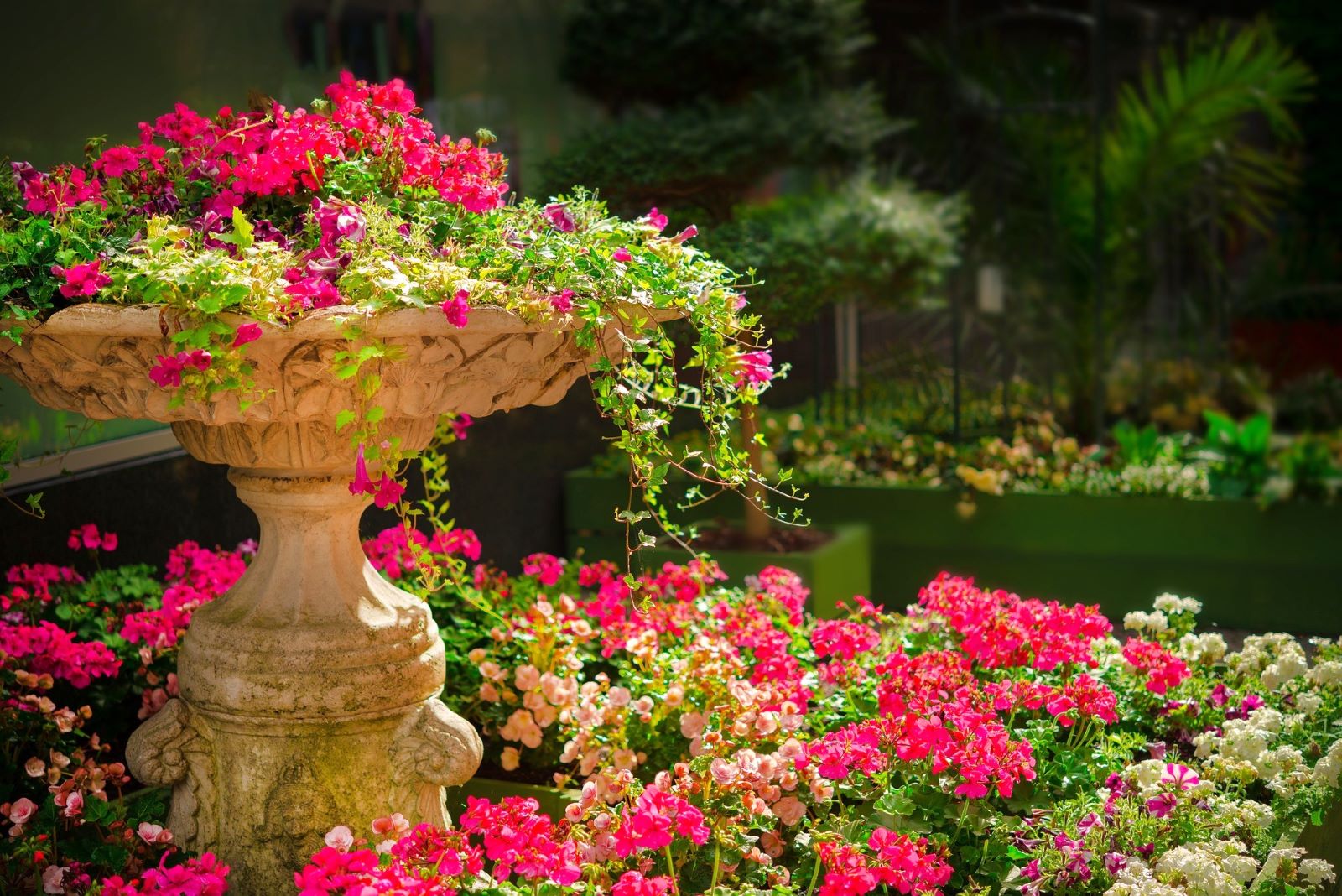 A fountain filled with flowers in an English country garden