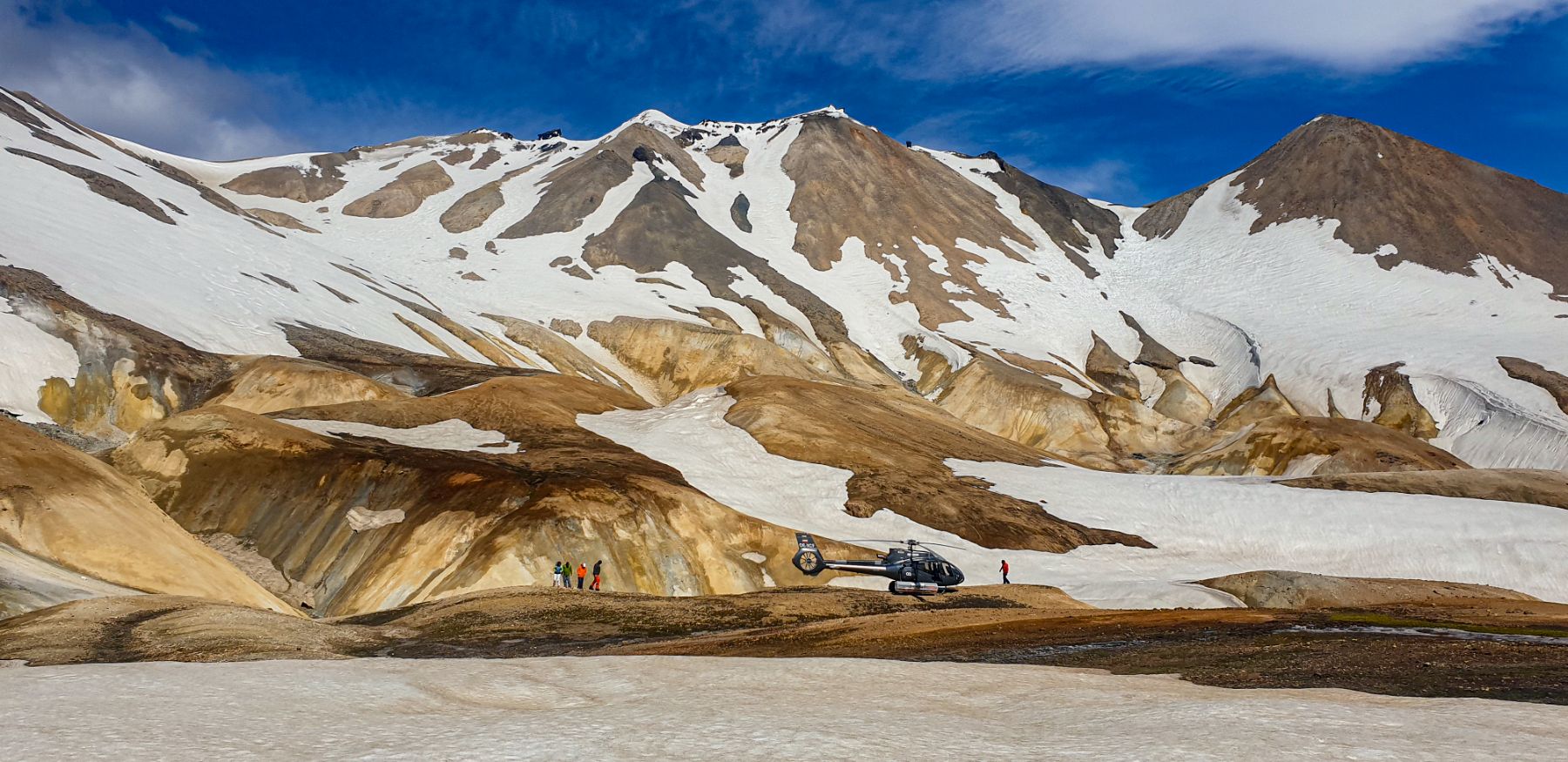 Helicopter landing in Landmannalaugar Iceland as an activity from Deplar Farm