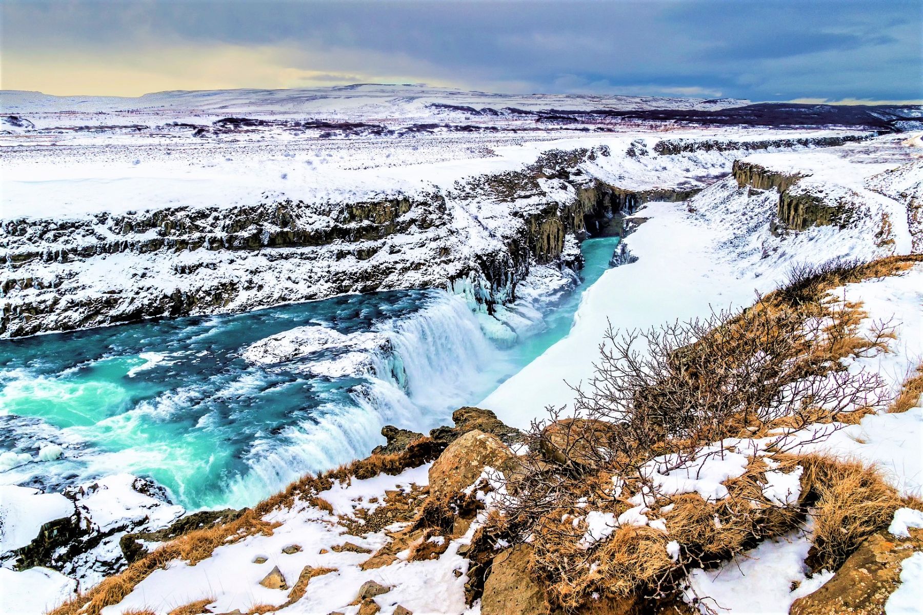 The surroundings of the Gulfoss waterfall in Iceland covered in snow