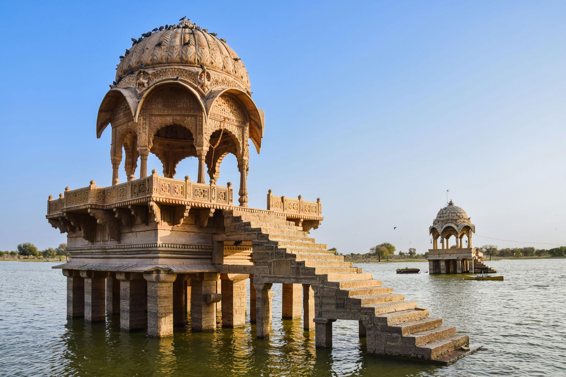 Opulent buildings on the water in Jaisalmer, India