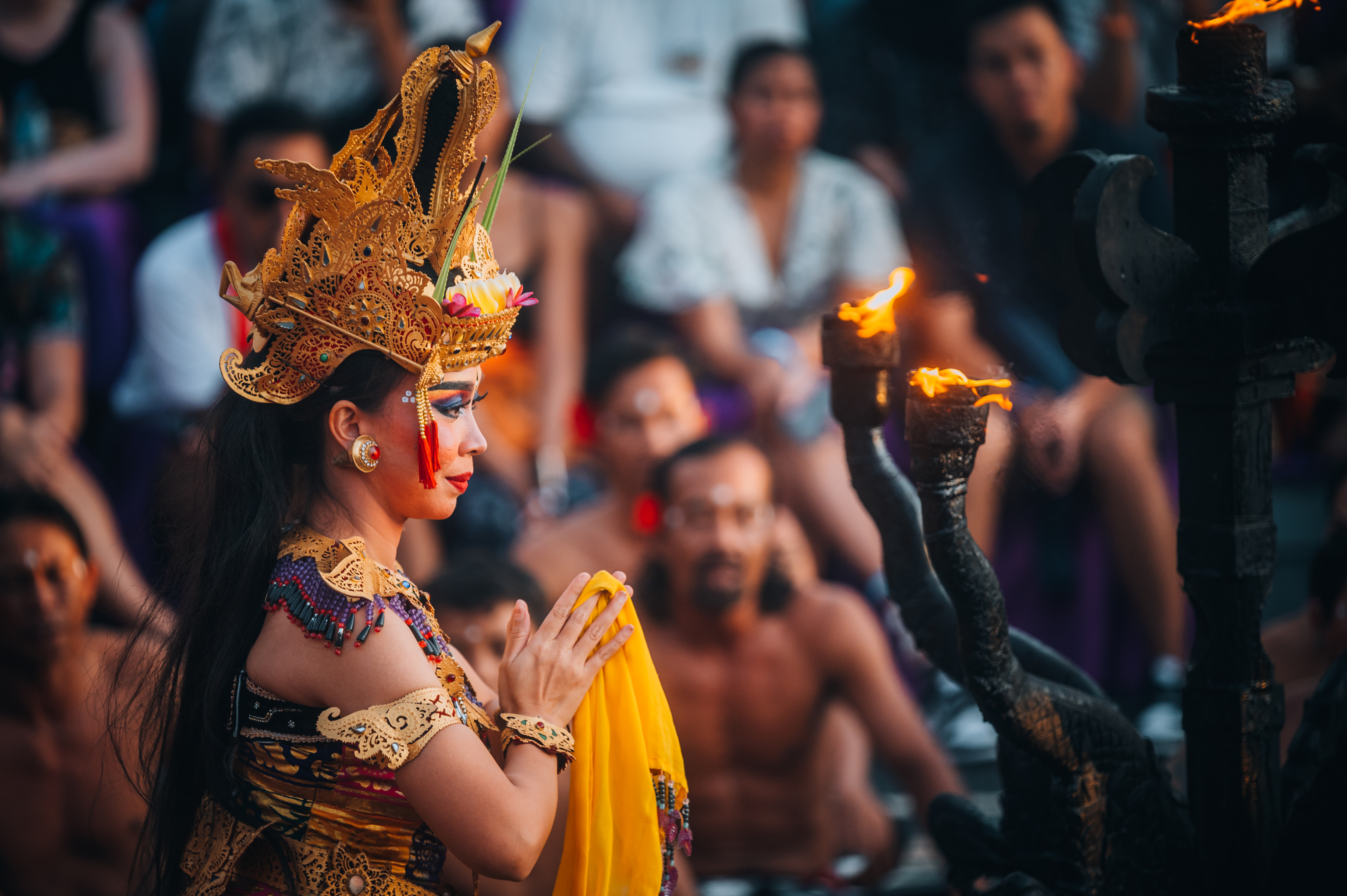 A woman performing the Kecak fire dance in Bali