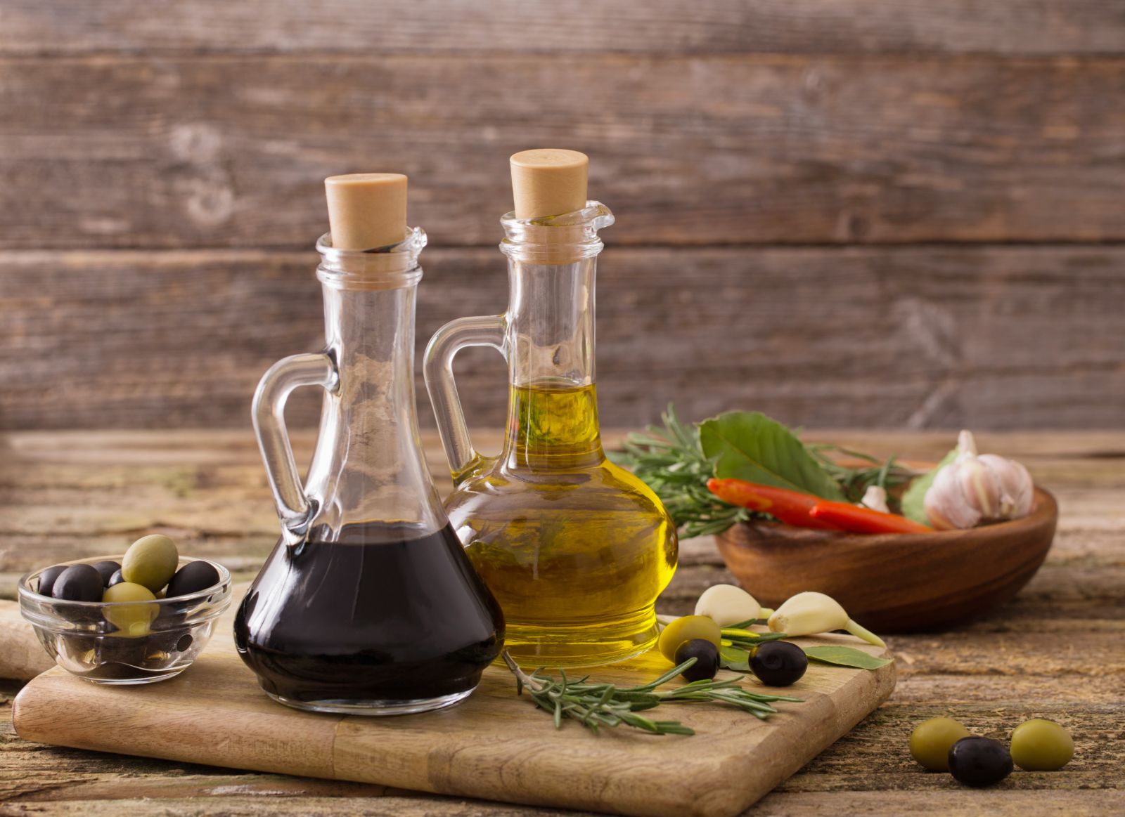 Bottles of Italian balsamic vinegar and olive oil to accompany a meal