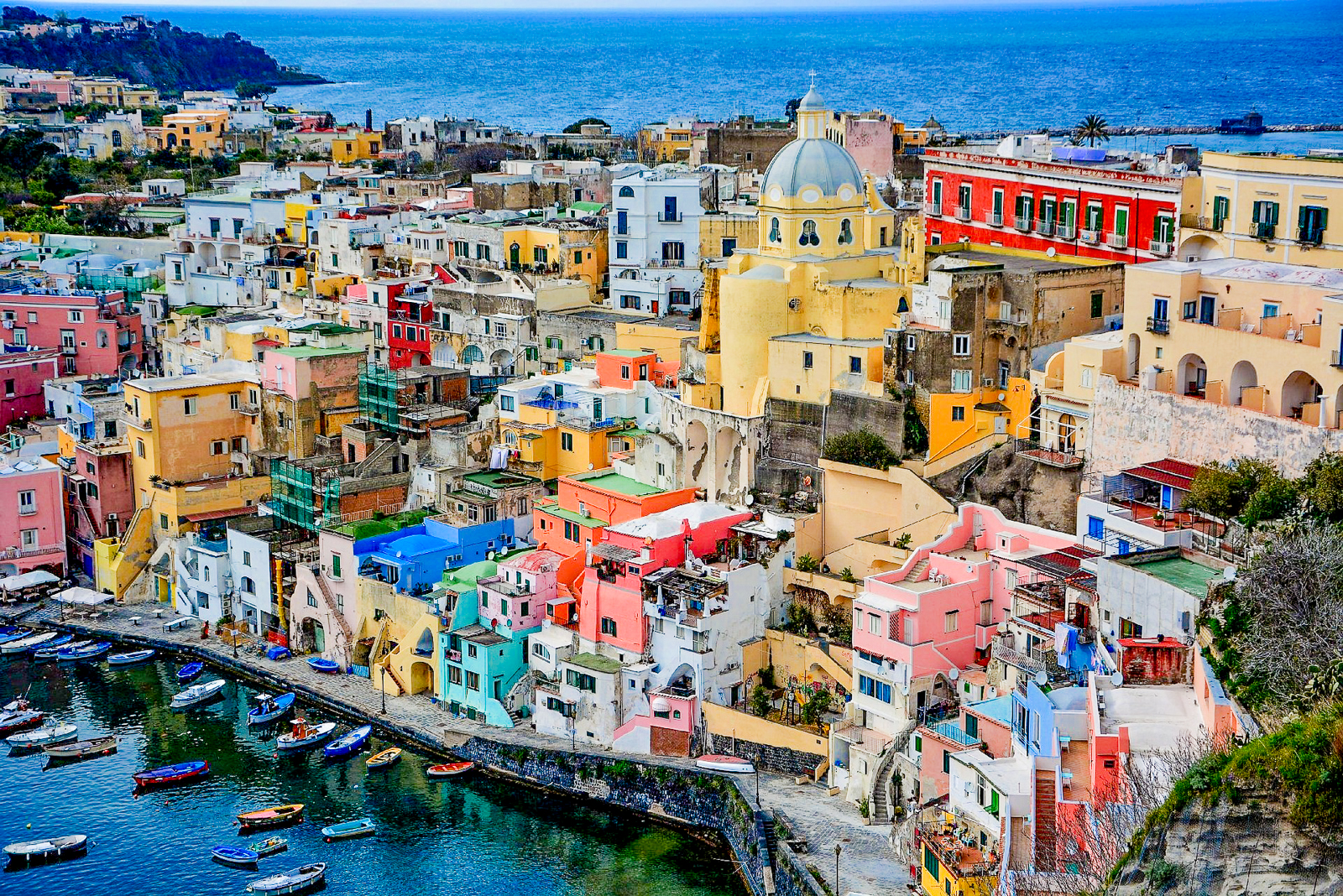 An aerial view of the colourful houses on Procida