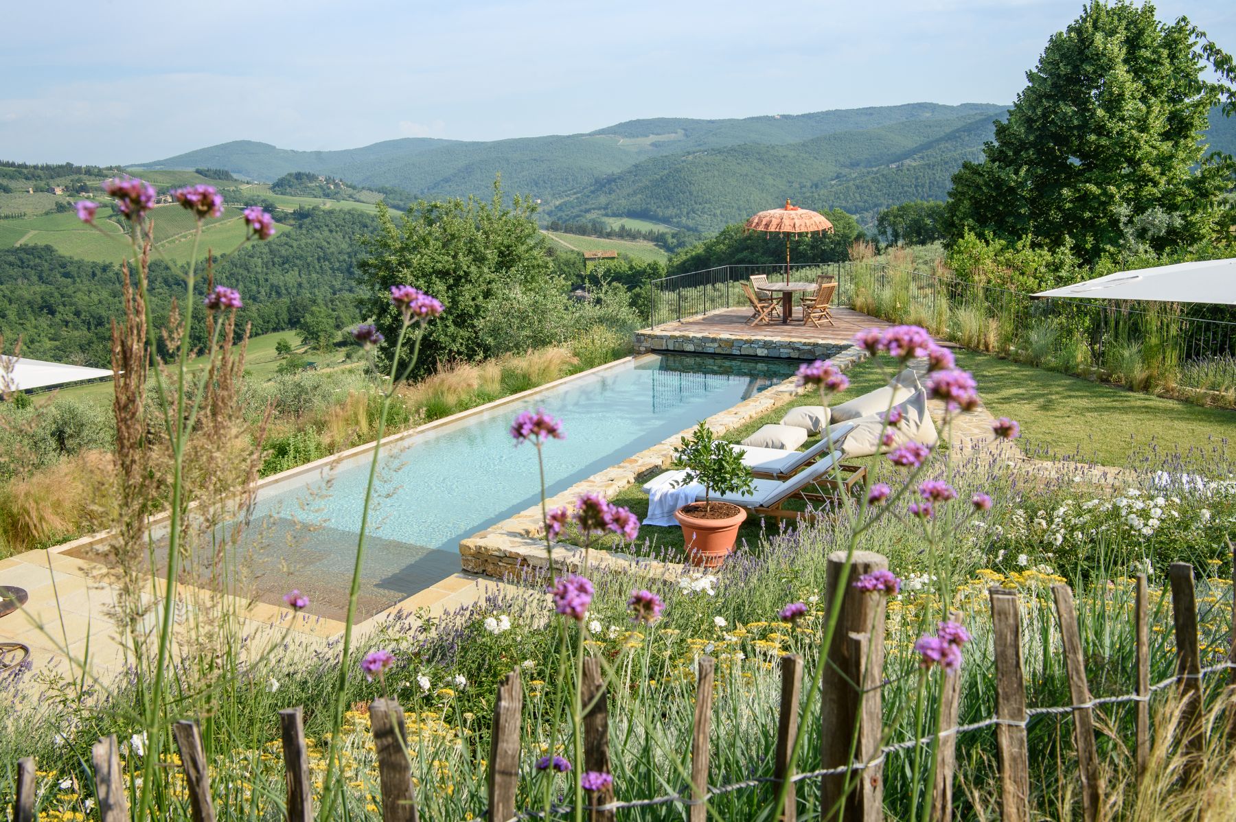 Outdoor swimming pool of villa La Regina in Tuscany surrounded by wildflowers and rolling hills