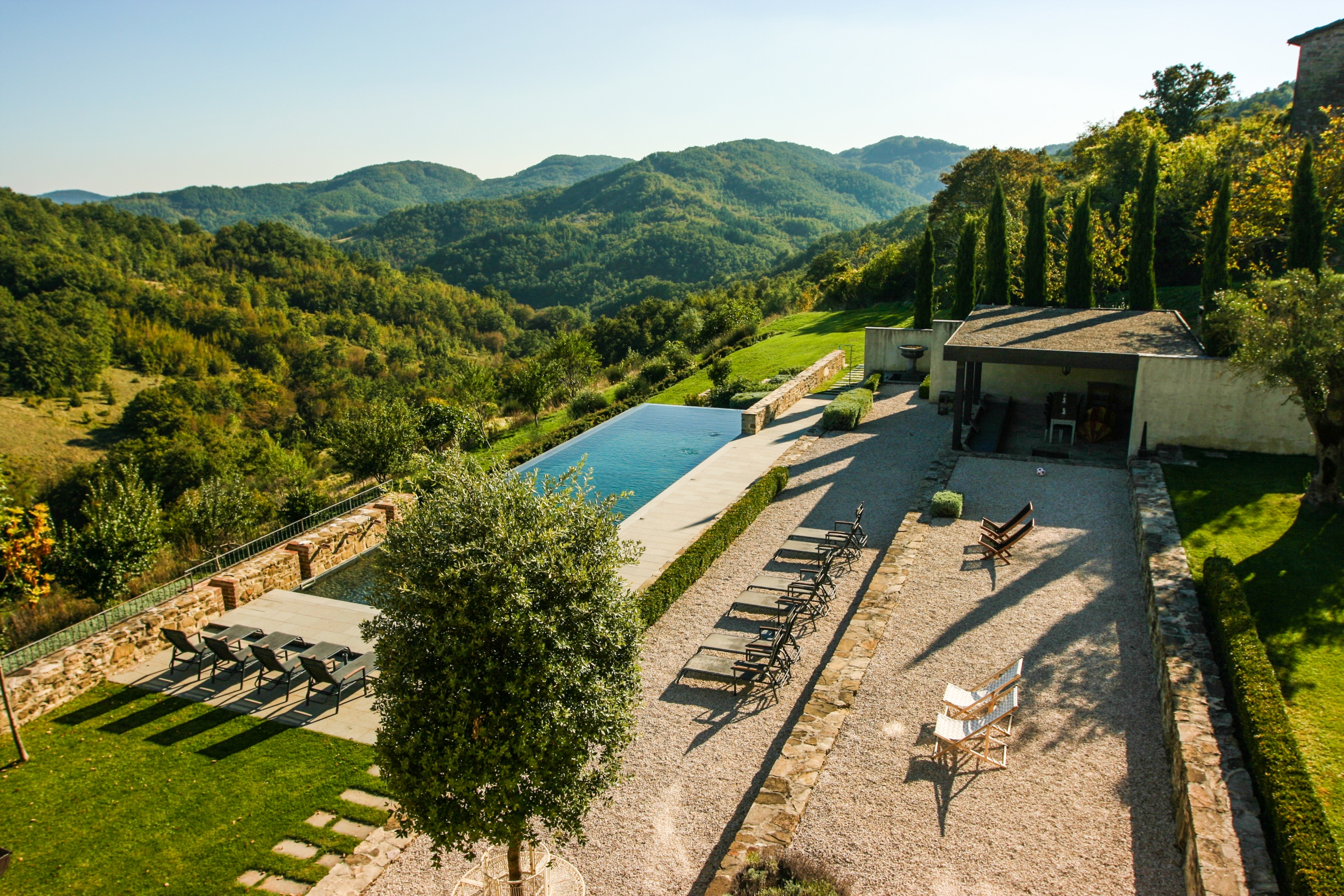 Aerial over the infinity pool of La Spiga, Umbria