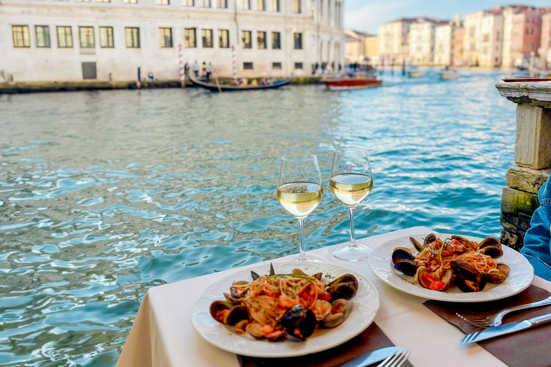 Seafood linguine served at a canal-side restaurant in venice