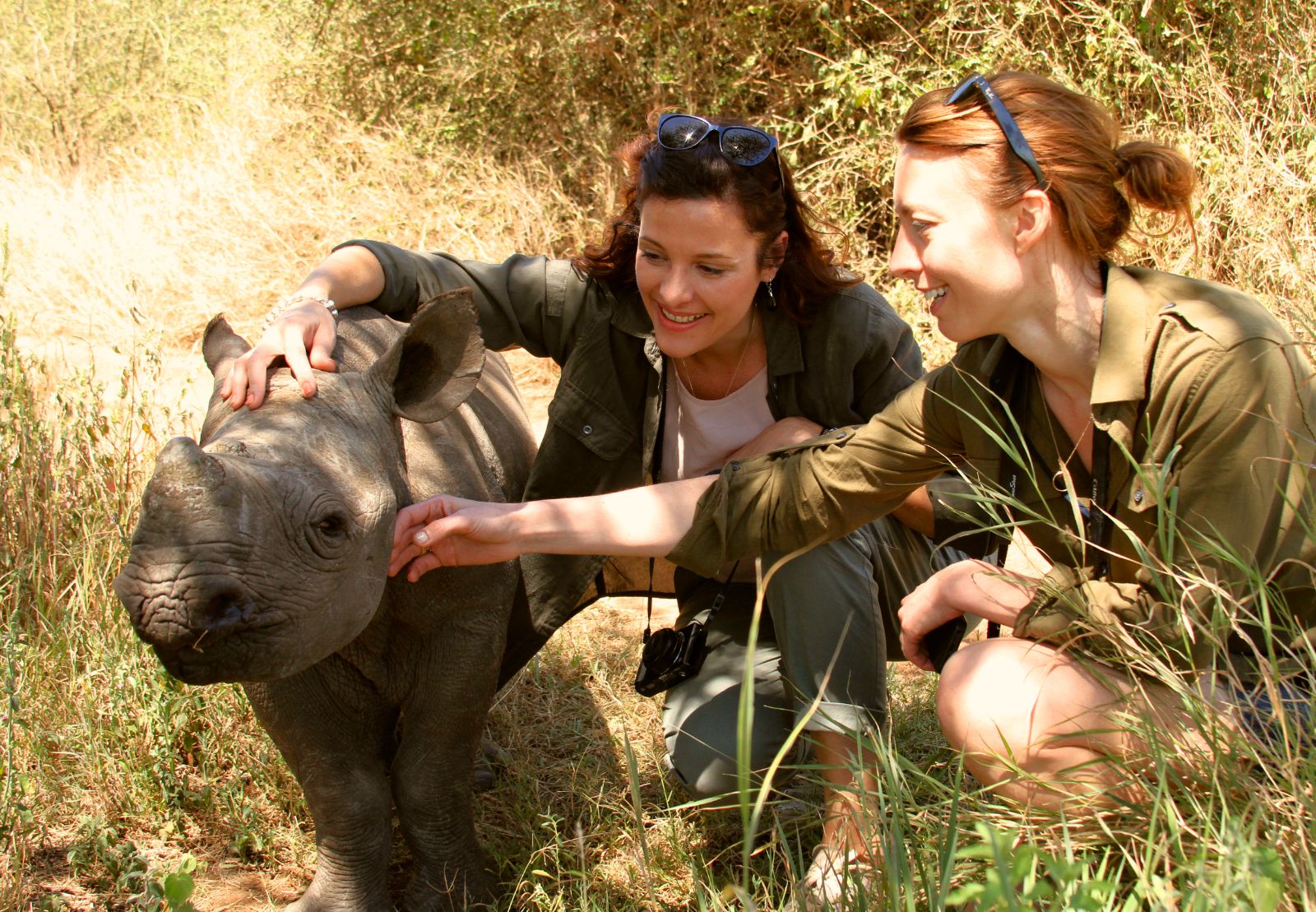 Guests at Lewa Wilderness Camp petting a baby rhinoceros