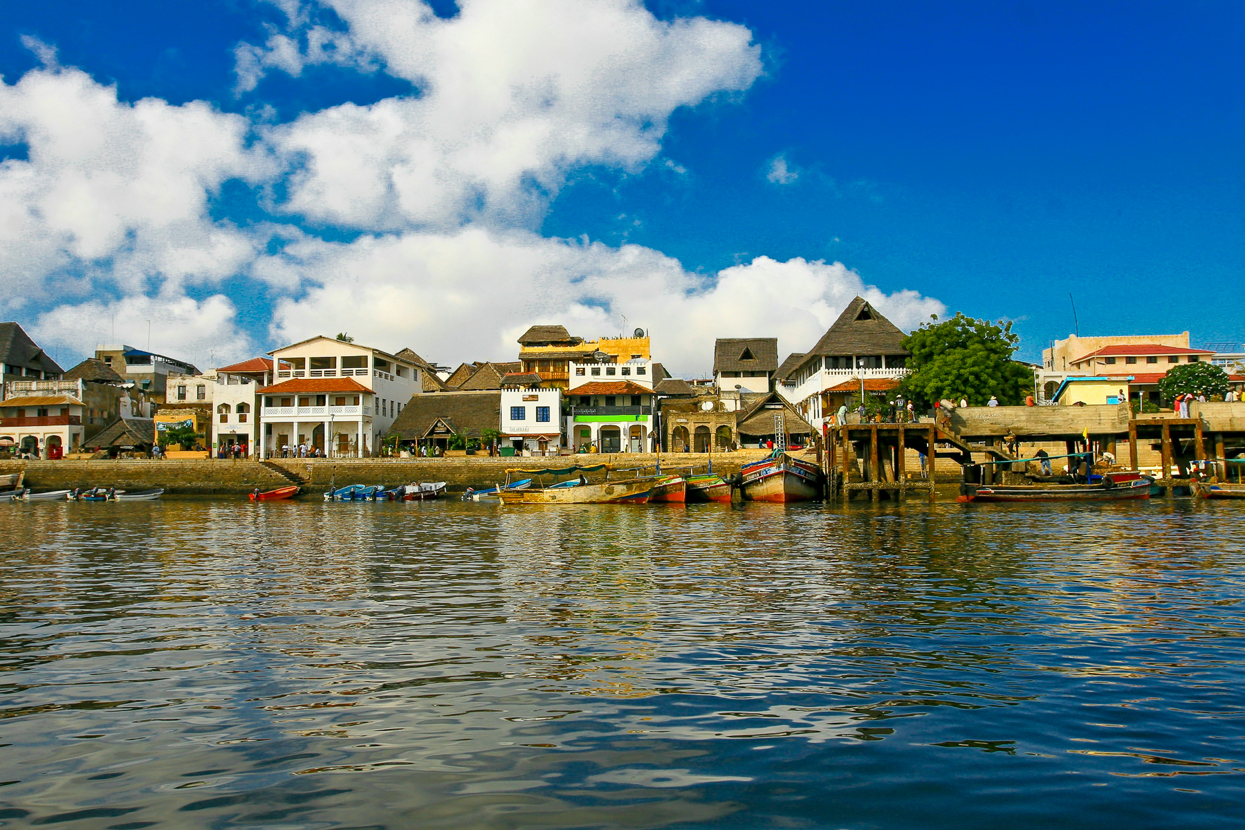 Boats along the waterfront of Lamu in Kenya