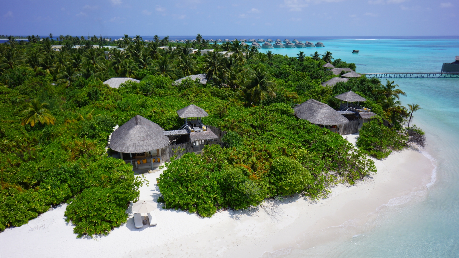 Aerial shot of Beach villas at Six Senses Laamu Maldives