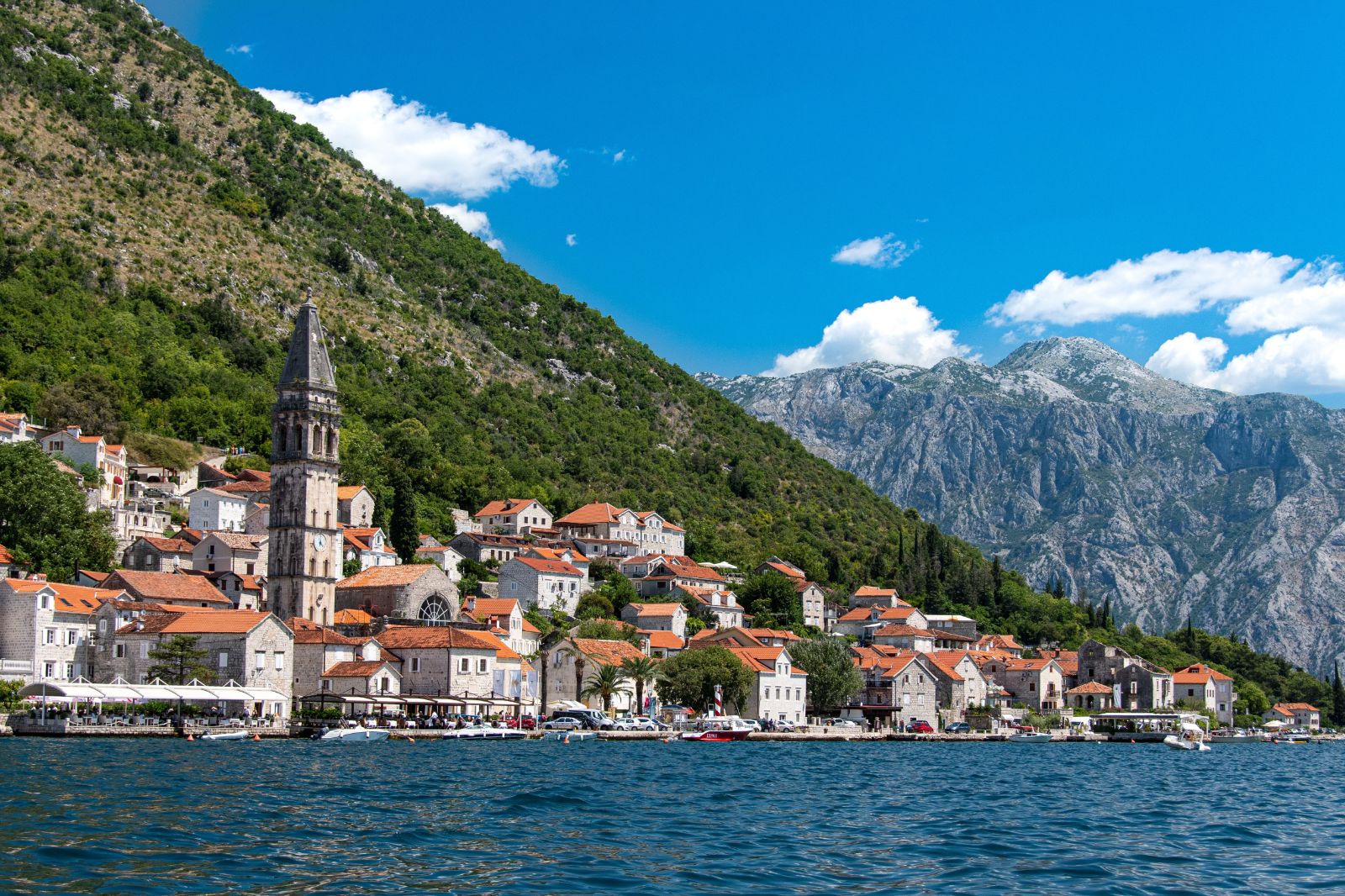 Perast harbourfront in Montenegro seen from the water