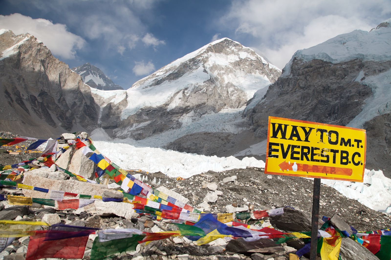 Flags and signpost to Everest Base Camp in Nepal