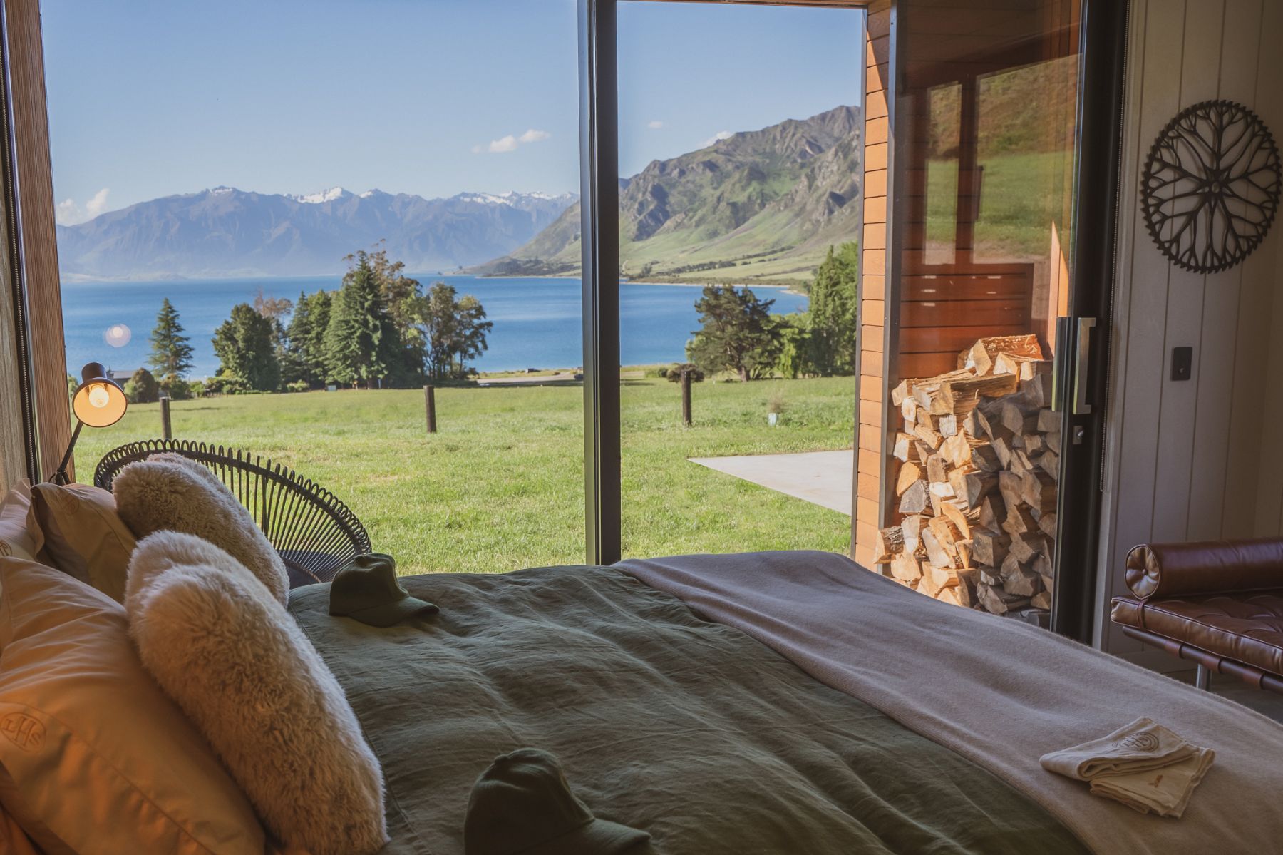 Lake and mountain views from a guest cottage at Lake Hawea Station New Zealand