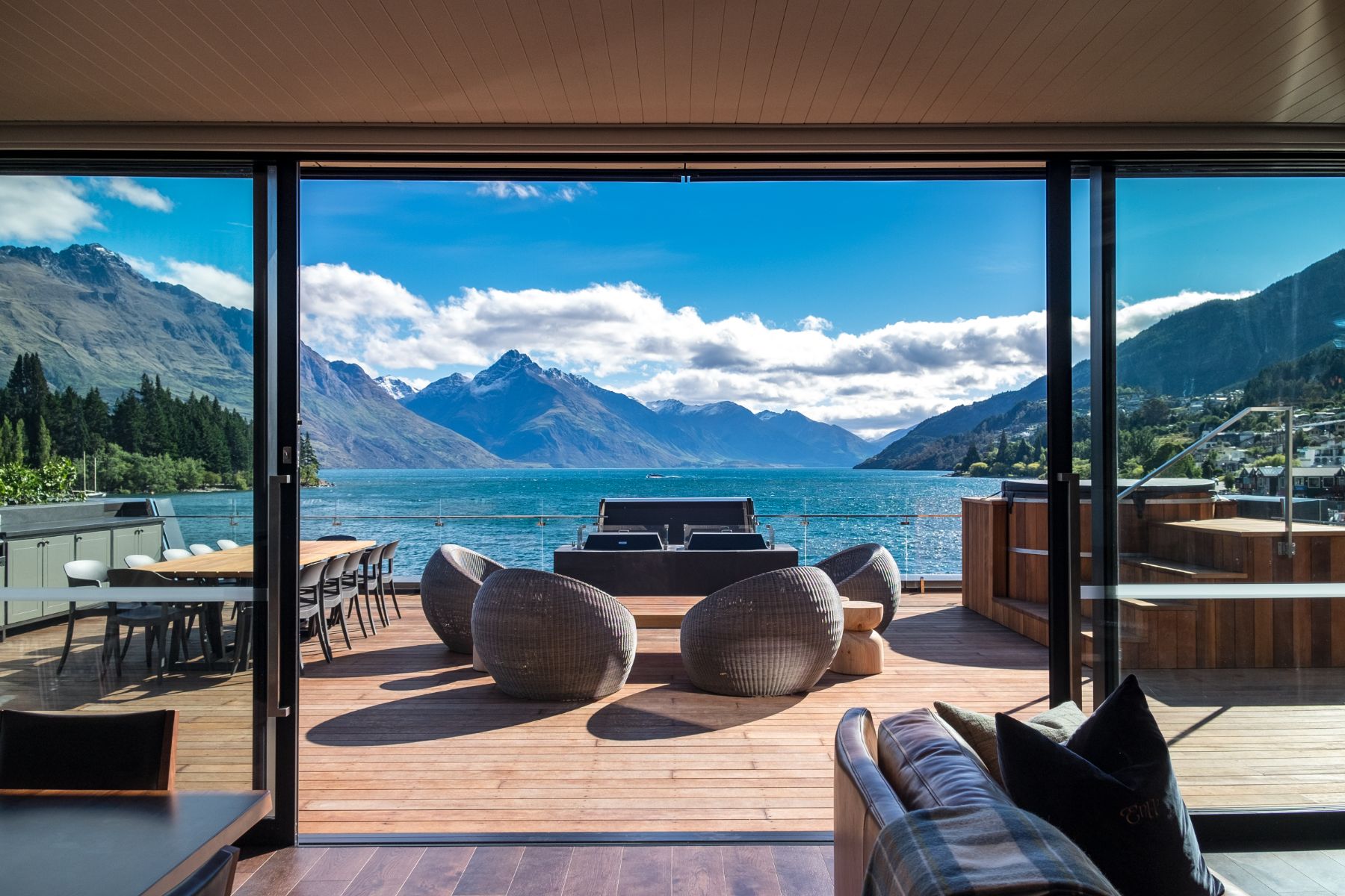 View over the lake from a luxury lodge at Eichardt's Private Hotel in New Zealand