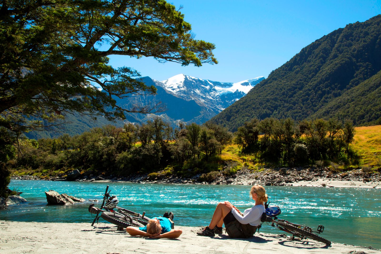 Mountain biking around a lake in New Zealand