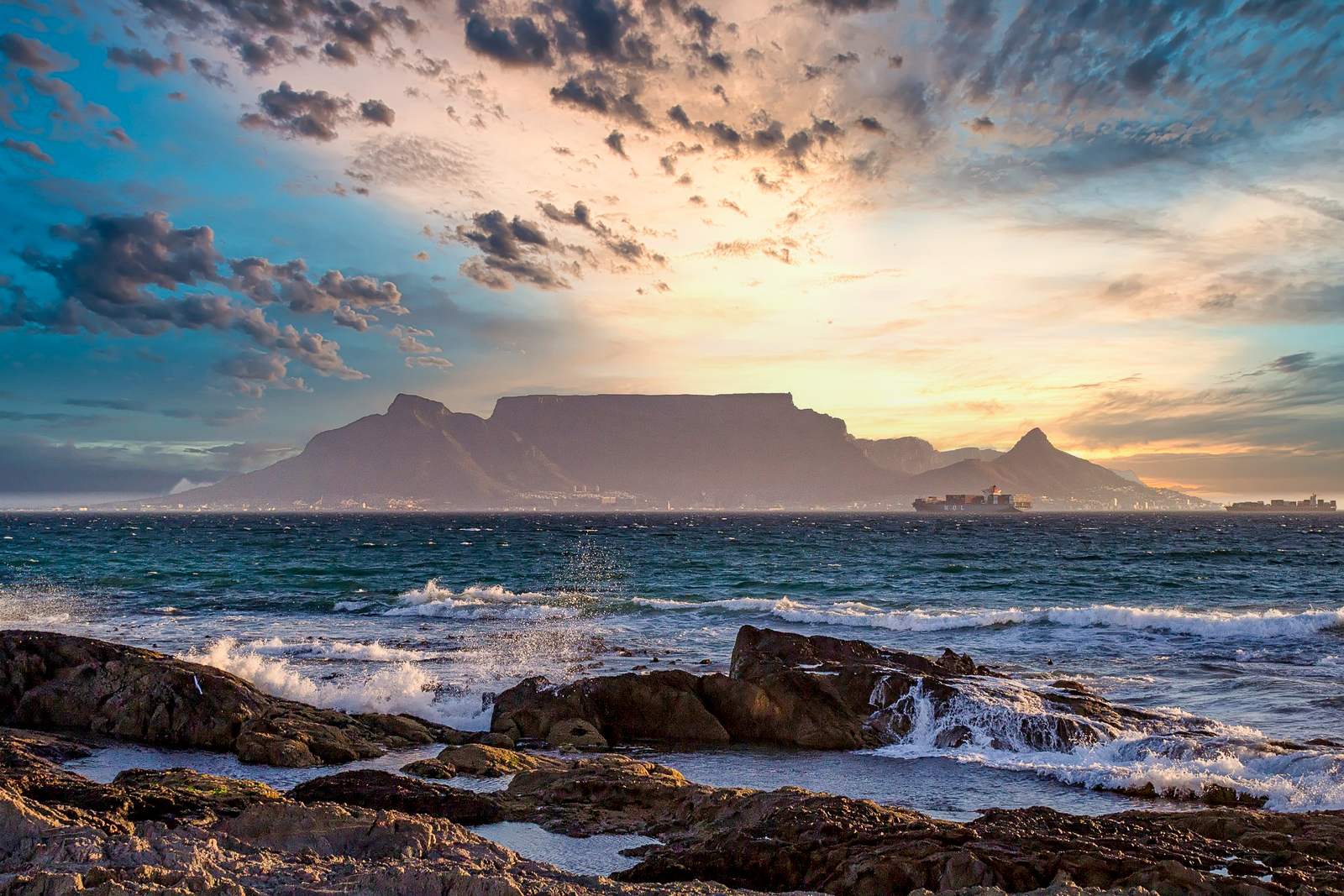 A view of Table Mountain in South Africa at sunset