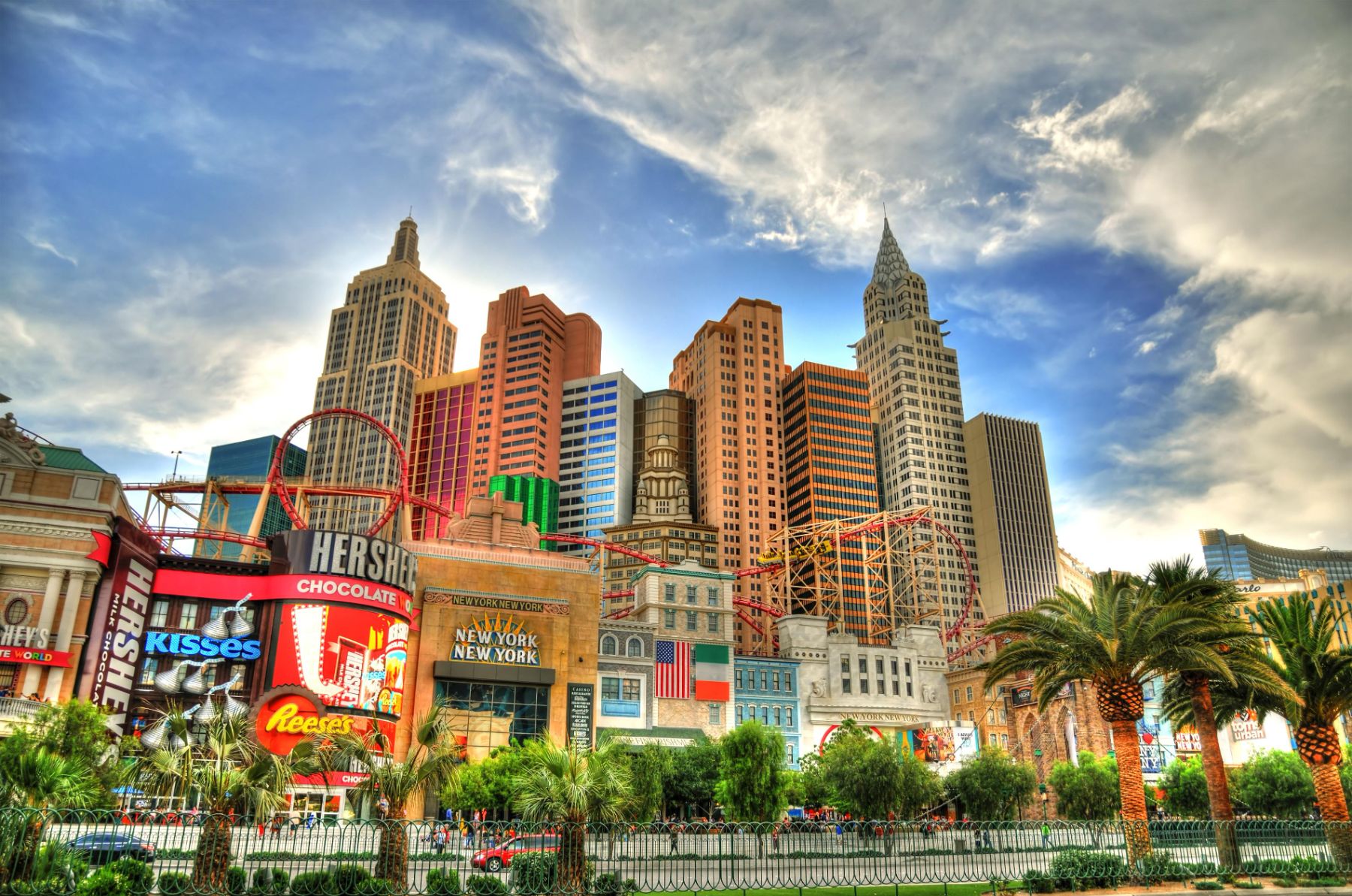 Hotels, stores and a rollercoaster on the Las Vegas strip