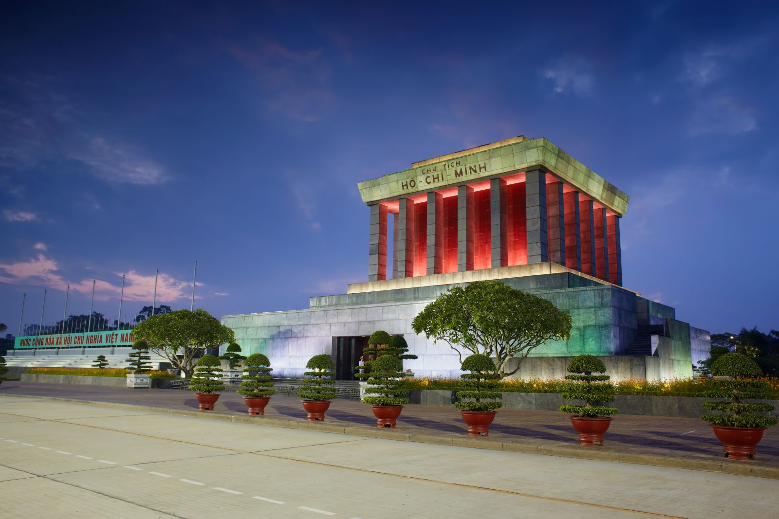 The Ho Chi Minh mausoleum illuminated at night in Vietnam