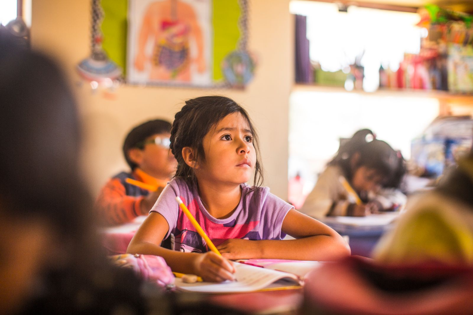 A girl in a classroom as part of the Sol Y Luna Foundation in Peru