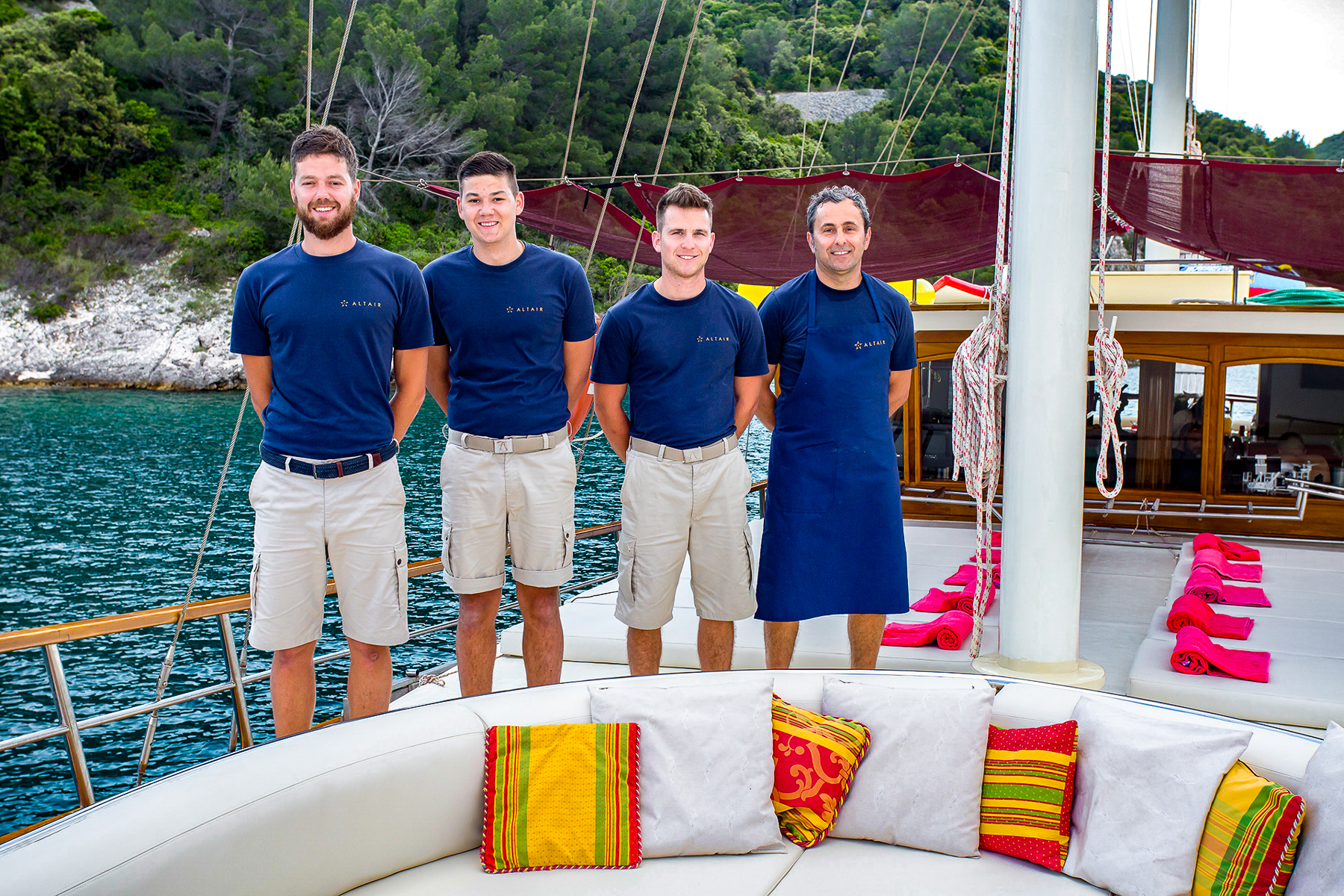 Crew of the Altair luxury gulet standing on deck